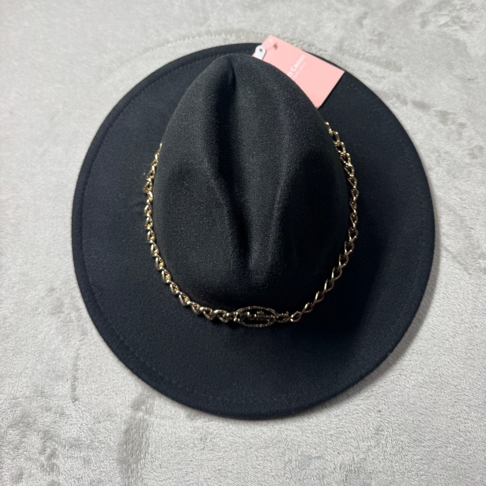 NWT Juicy Couture Black Fabric Fedora Gold Color Chain Juicy Charm One Size